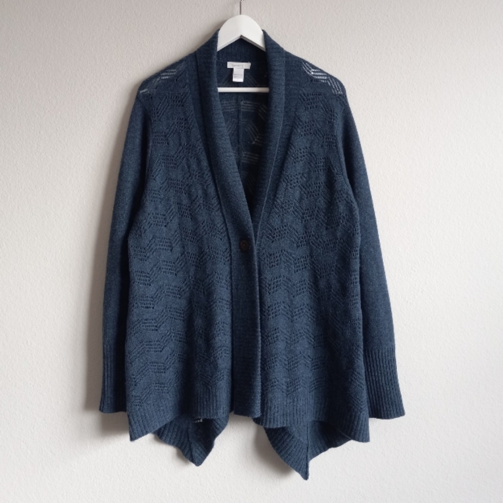 Garnet Hill Open Stitch One Button Cardigan 100% Cashmere Pointelle Knit L